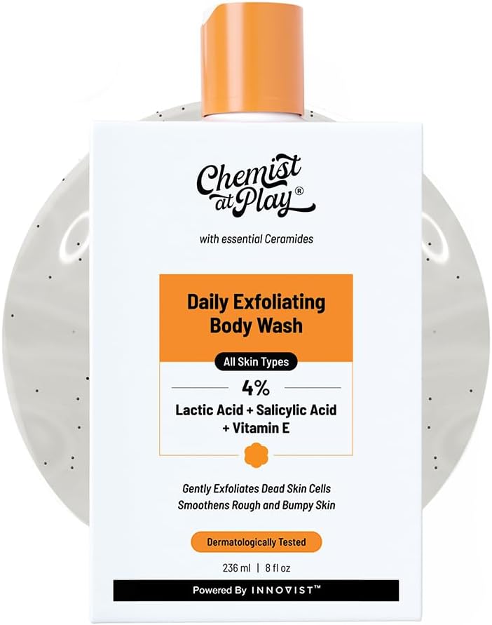Chemist at Play Body Wash Exfoliating for Dry Rough Bumpy Strawberry Skin with 1% Salicylic Acid 2% Lactic Acid and Ceramides for Men and Women | 236 ml