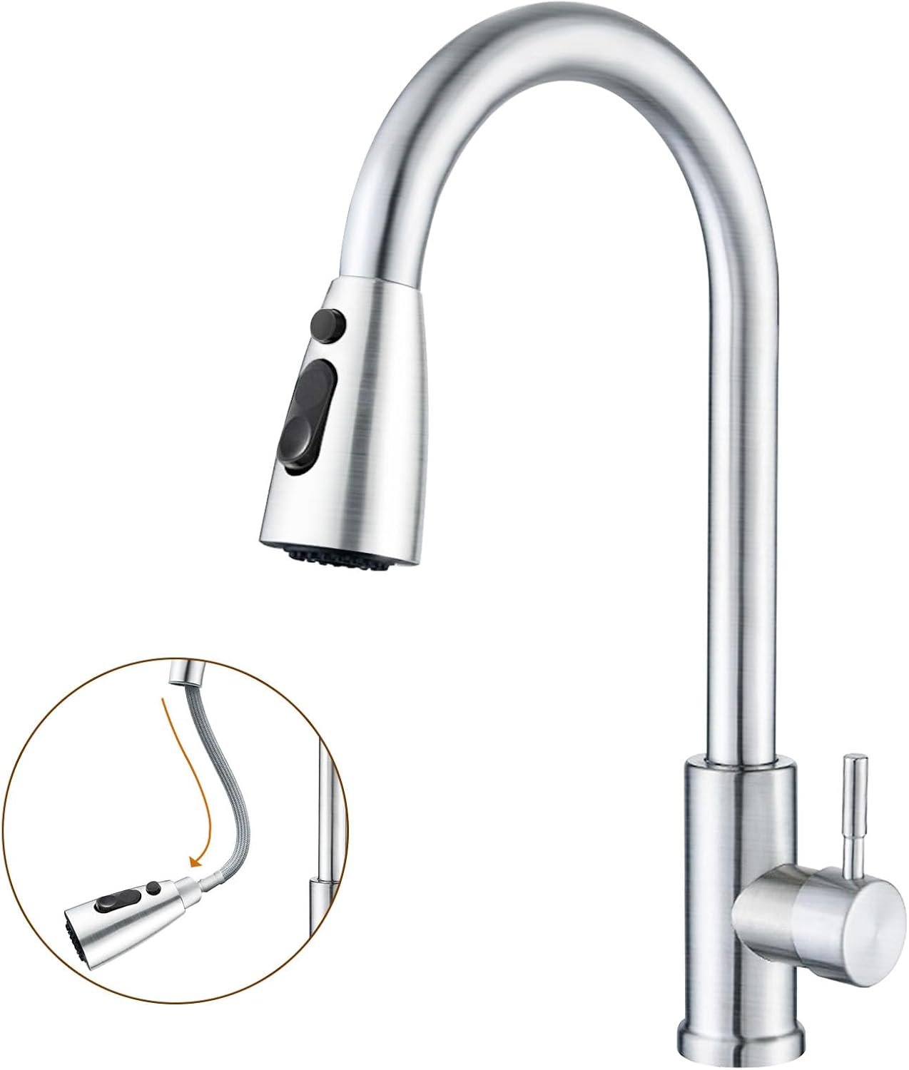 SURFOU Kitchen Tap Mixer with Pull-Out Spray – 3 Water Modes, 360° Swivel Spout – Brushed Stainless Steel Monobloc Sink Tap, Anti-Rust, Single Lever, 1-Hole Fitting, Easy Installation