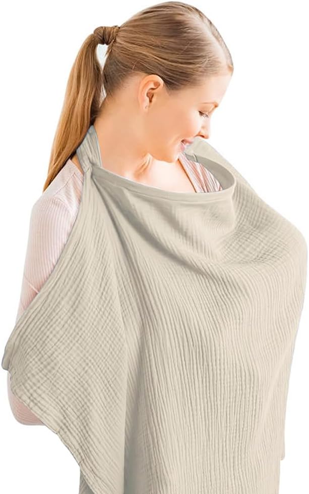 Aolso Breastfeeding Cover Nursing Cover, Muslin Cotton Soft Breathable Nursing Cover, Adjustable Strap Breast Feeding Coverall for Car Seat Blanket and Stroller Coverall (Khaki)