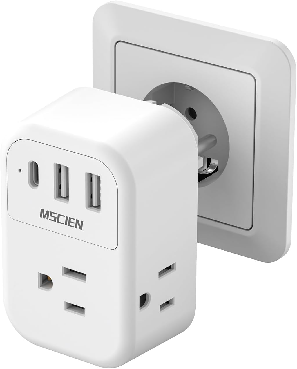 European Travel Plug Adapter, Power Adapter for Germany/France, Travel Adapter with 3 AC Outlets and 3 USB(1 USB C), Type F Plug Adapter for European Travel, Adapt To Icaland/South Korea/Greece