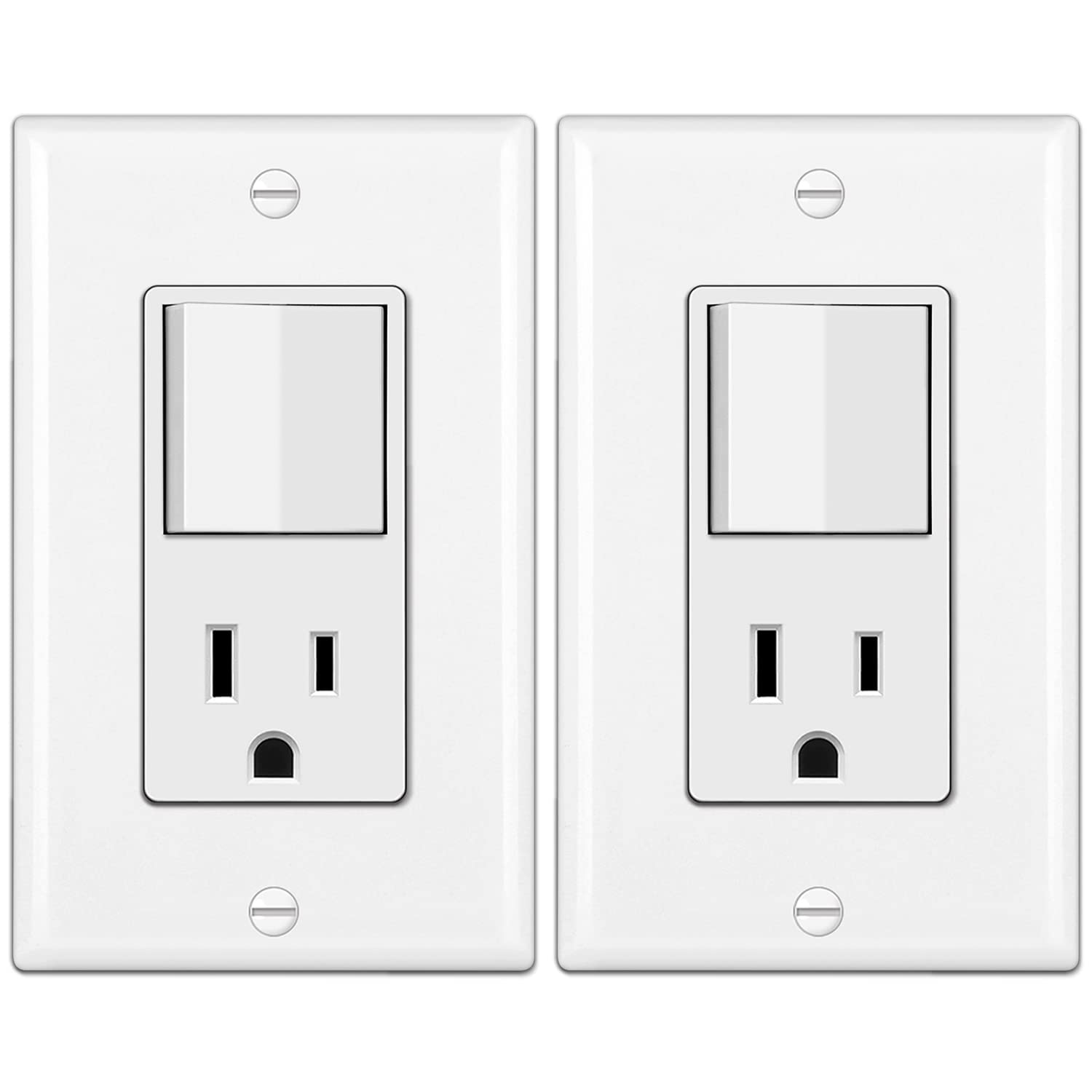 BESTTEN 2 Pack Combination Wall Light Switch and Decor Outlet, Single Pole Rocker Switch, 15A/120V, Decorative Receptacle, 15A/125V, Combo Style, Wallplate Included, Side Wire, UL Listed, White