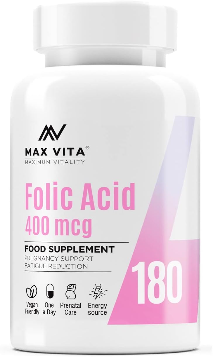 Folic Acid 400 mcg Vitamin B9 Pregnancy Care Maternal Tissue Growth During Immune System Support Energy Production Women Health 180 Vegan Tablets