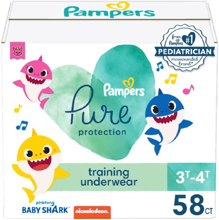 Pampers Training Pants - Pure Protection - Size 3T-4T, 58 Count, Baby Shark Premium Hypoallergenic Potty Underwear