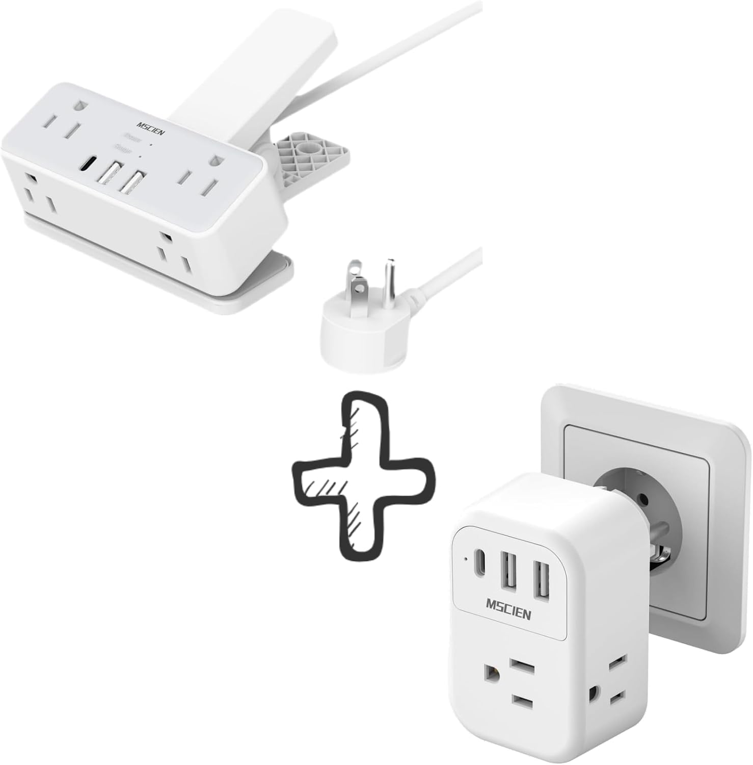 Desk Clamp Power Strip and Type E/F Travel Plug Adapter, Desk Power Strip White and 6-in-1 Travel Adapter for Germany, Extension Cord 6 Ft and Plug Adapter with 3 USB Ports