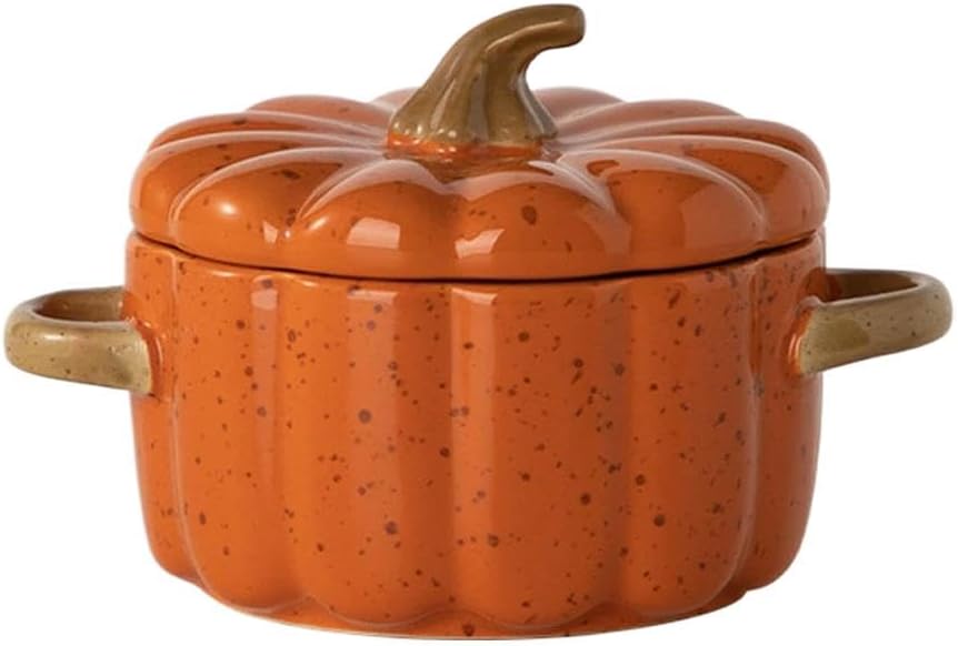 Ceramic Pumpkin Bowl with Lid, Steaming Ramekin For Egg Custard & Soup, Oven Dessert Halloween Dish, Clean Cup，Easy Baking