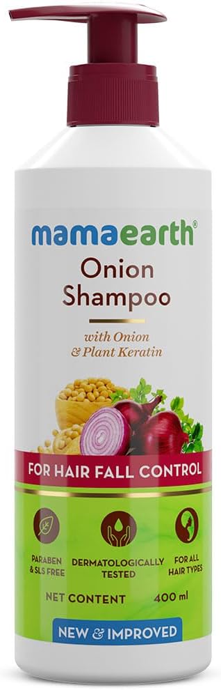 Mamaearth Onion Hair Fall Control Shampoo | Gentle Anti Hair Loss Scalp Cleanser | Natural Hair Growth Formula | with Hydrating Properties of Plant Keratin | No SLS & Paraben | 400ml