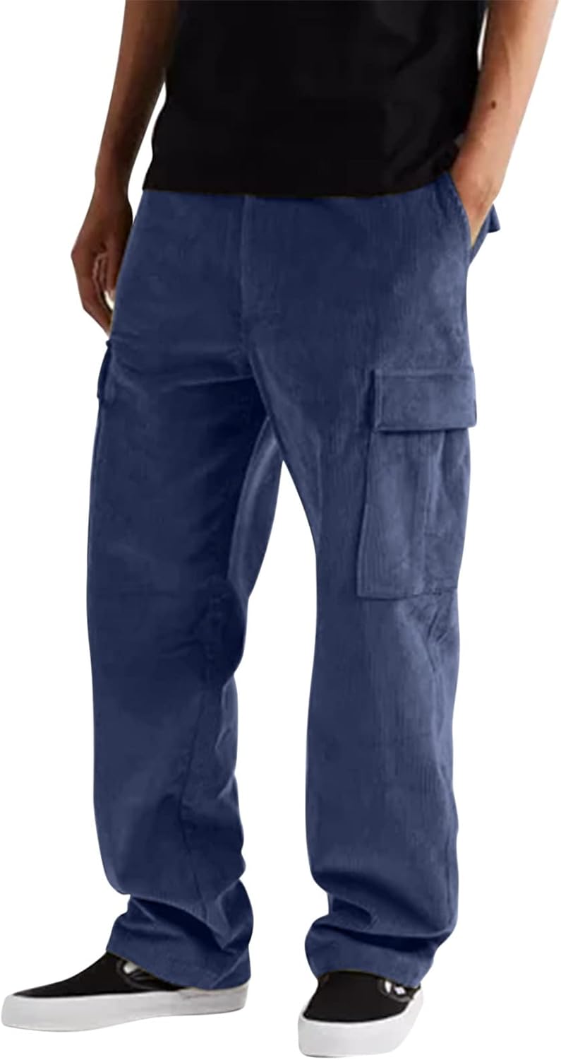 Work Trousers Men Cargo Pants Men Loose High Elastic Waist Drawstring Pants With Multiple Pockets Baggy Solid Color Casual Trousers Lightweight Breathable Walking Trouser Corduroy Trouser