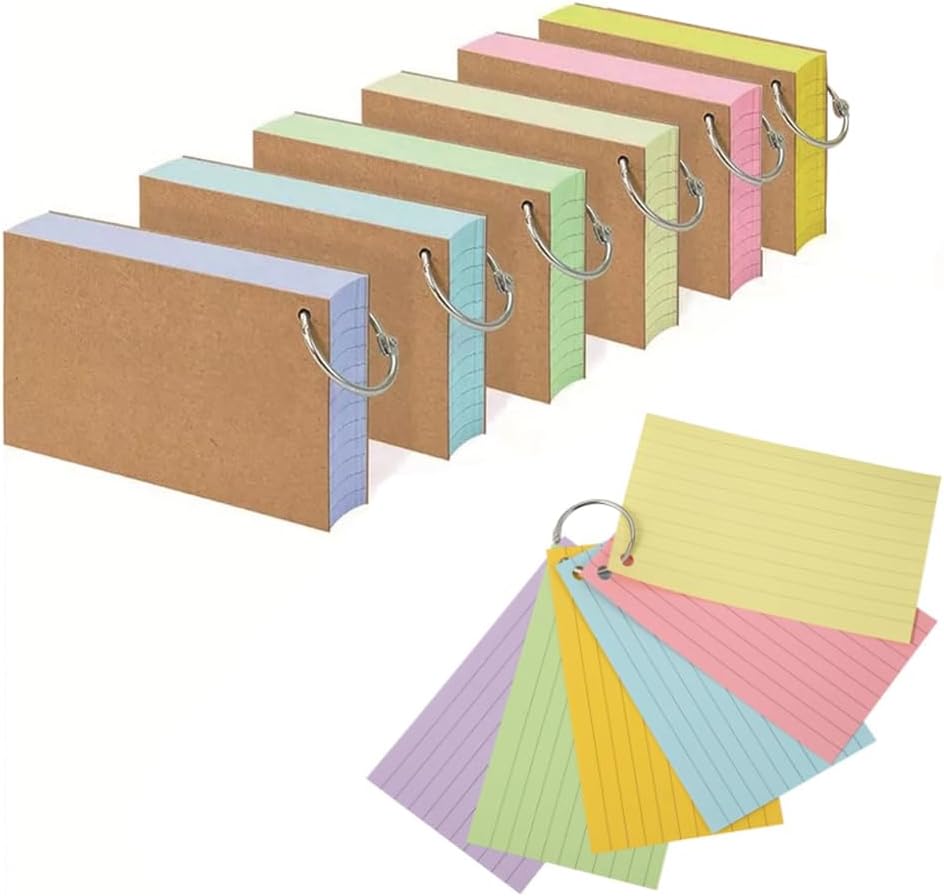 LAWALEISHE 6 Pack 300PCS Flash Cards,A7(12.7x7.6cm) Ruled Index Cards Revision Cards with 6 Binder Rings,Kraft Paper Notecards Lined Index Cards,for Study Office NotePads School Learning Memo