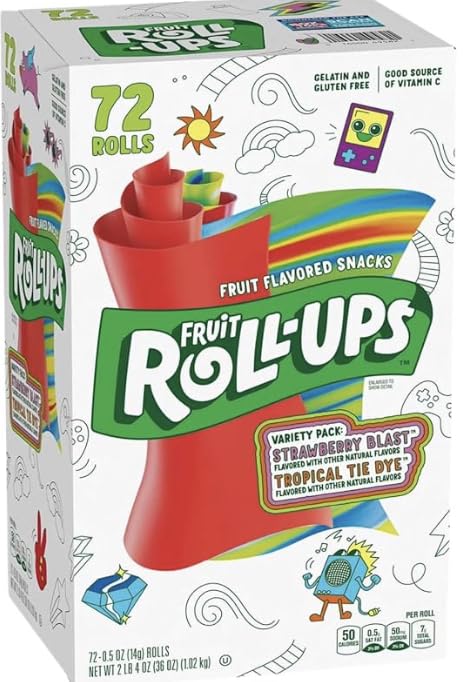 Fruit Roll-Ups Fruit Snacks Variety Pack Strawberry & Tropical Tie Dye | Gelatin & Gluten Free (0.5 oz., 72 pk.)