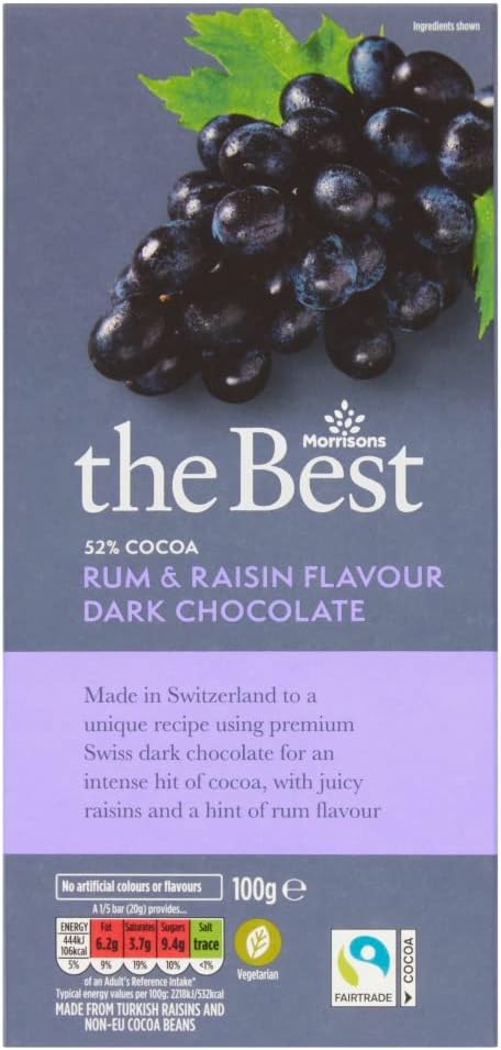 Morrisons The Best 52Percent Cocoa Dark Chocolate with Rum and Raisin, 100 g