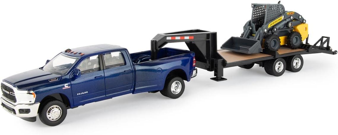 ERTL 1/32 Big Farm Ram 3500 Dually Quad Cab with Lowboy and New Holland L230 Skid Steer 47269