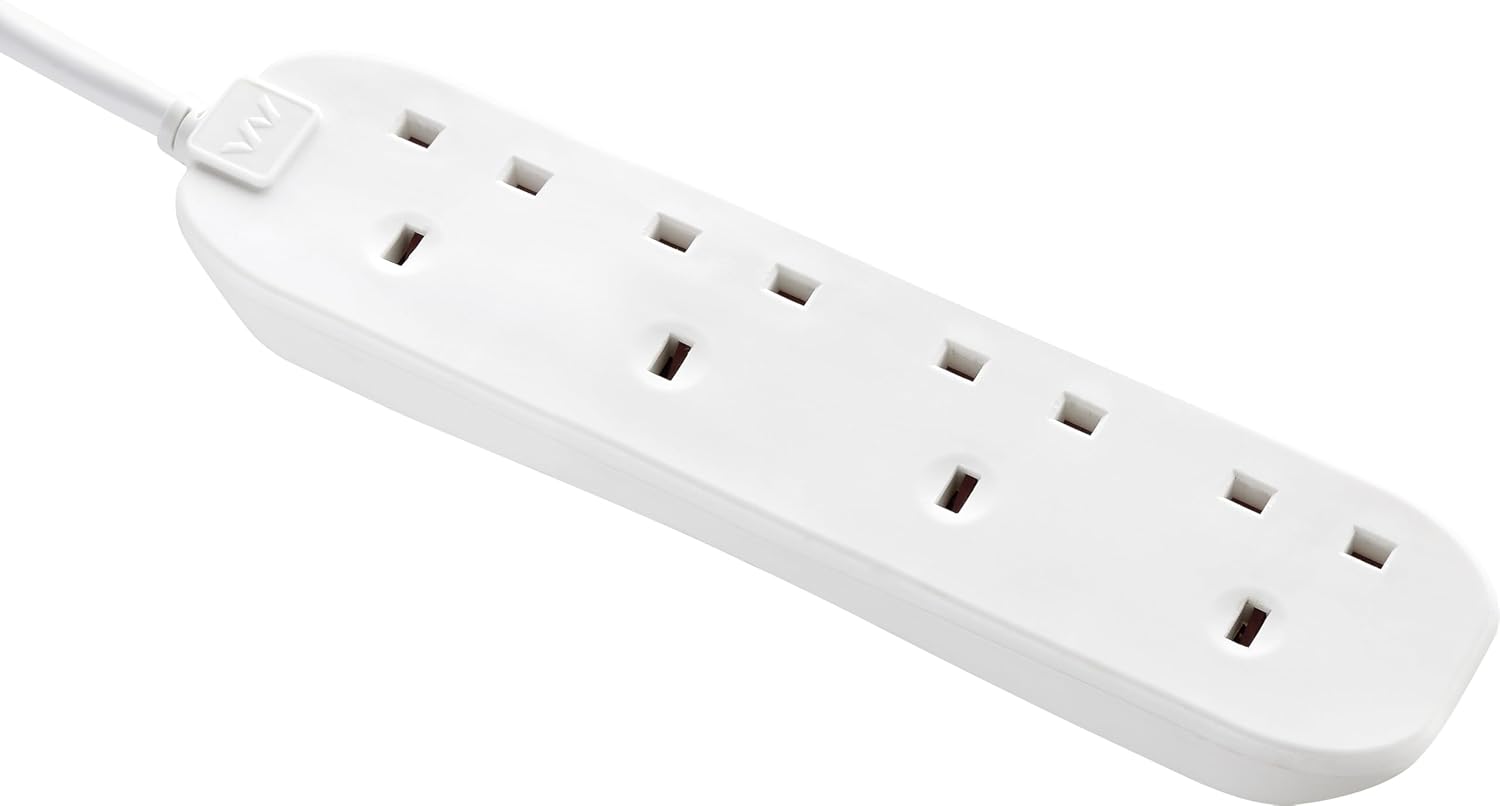 Masterplug Four Socket Extension Lead, 1 Metre Cable, Unswitched, 4-Way Plug Extension Cable, Power Strip, Basic Power, White, 13A, 4G, 1m, BFG110N