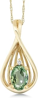 Gem Stone King 10K Yellow Gold Green Sapphire and White Diamond Teardrop Pendant Necklace For Women (0.55 Cttw, Gemstone September Birthstone, Oval 6X4MM, with 18 Inch Chain)