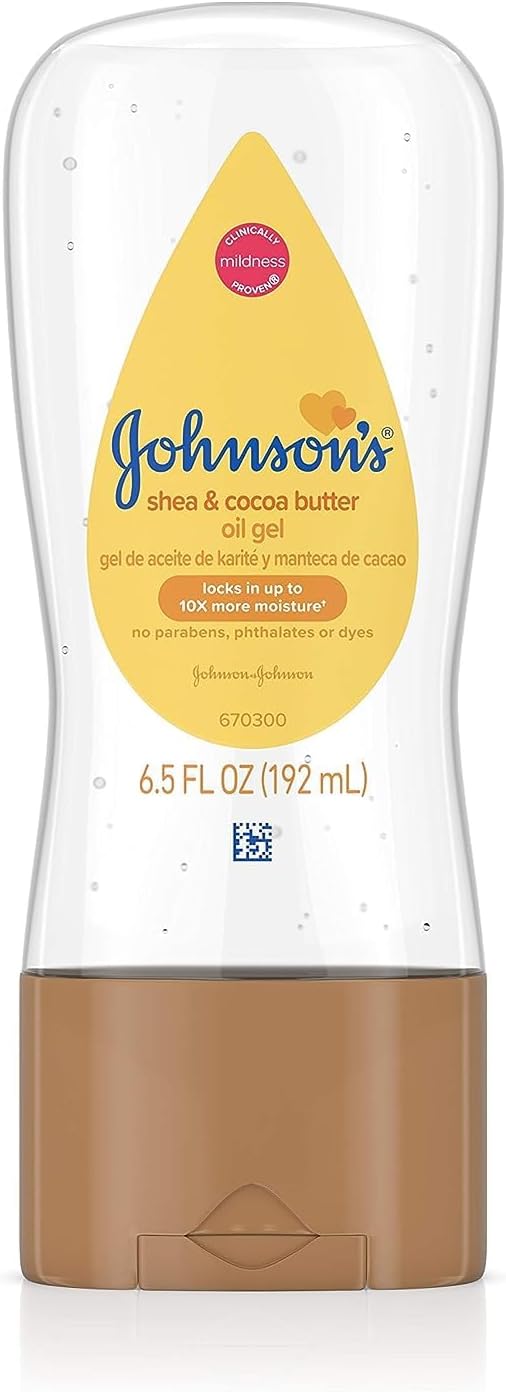 Johnson's Baby Oil Gel, Moisturizing Baby Massage Mineral Oil Enriched with Shea & Cocoa Butter, Dry Skin Relief for Babies, Kids & Adults, Nourishing & Gentle on Delicate Skin, 6.5 fl. oz