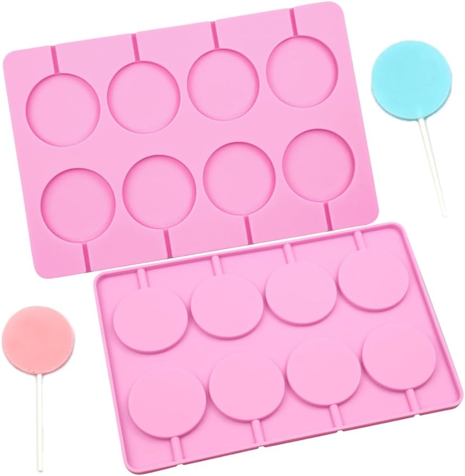 2 PCS Silicone Lollipop Molds - 8-Capacity Hard Candy Molds - Pink Round Chocolate Moulds for Lollipop, Hard Candy, Chocolate, Cake Pop, Ice Cube Sucker