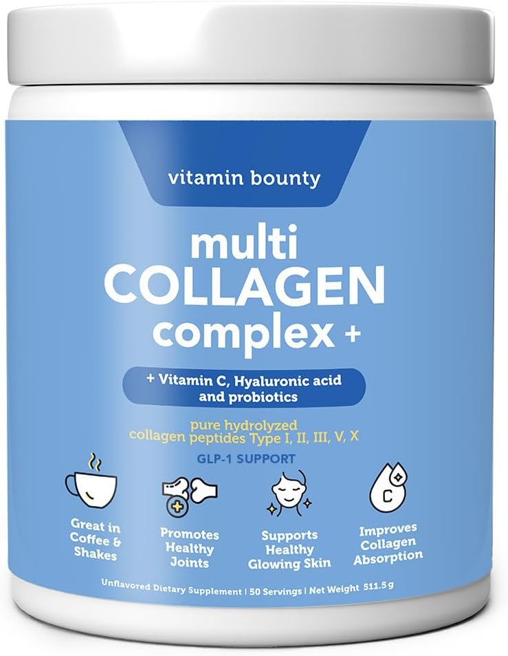 Vitamin Bounty Multi Collagen Peptides Powder for Men & Women (Complex Plus) - 5 Types Hydrolyzed Collagen Protein - Probiotics, Vitamin C & Hyaluronic Acid - Grass Fed Bovine Supplements, 50 Servings