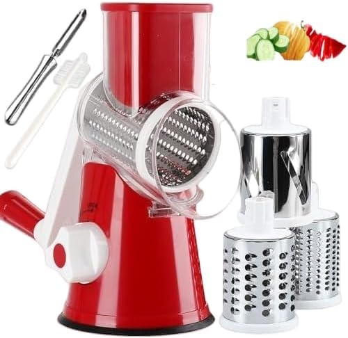 Rotary Cheese Grater with 3-in-1 Stainless Steel Blades,Slicer, Nut Grinder, Vegetable Slicer,Multifunctional Manual Slicer,and Spiralizer for Cheese, Fruits, and Nuts,Comes with A Peeler and Brush