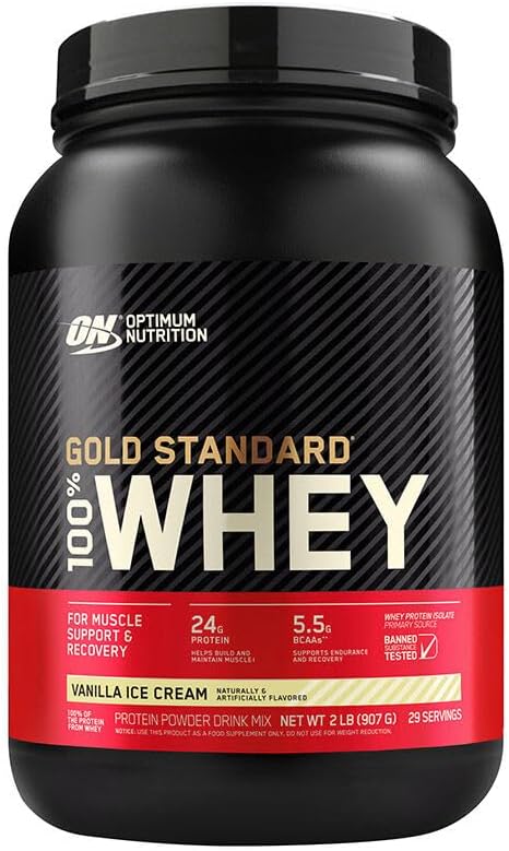 Optimum Nutrition Gold Standard 100% Whey Protein Powder from Whey Isolates, Vanilla Ice Cream - 2 Pound