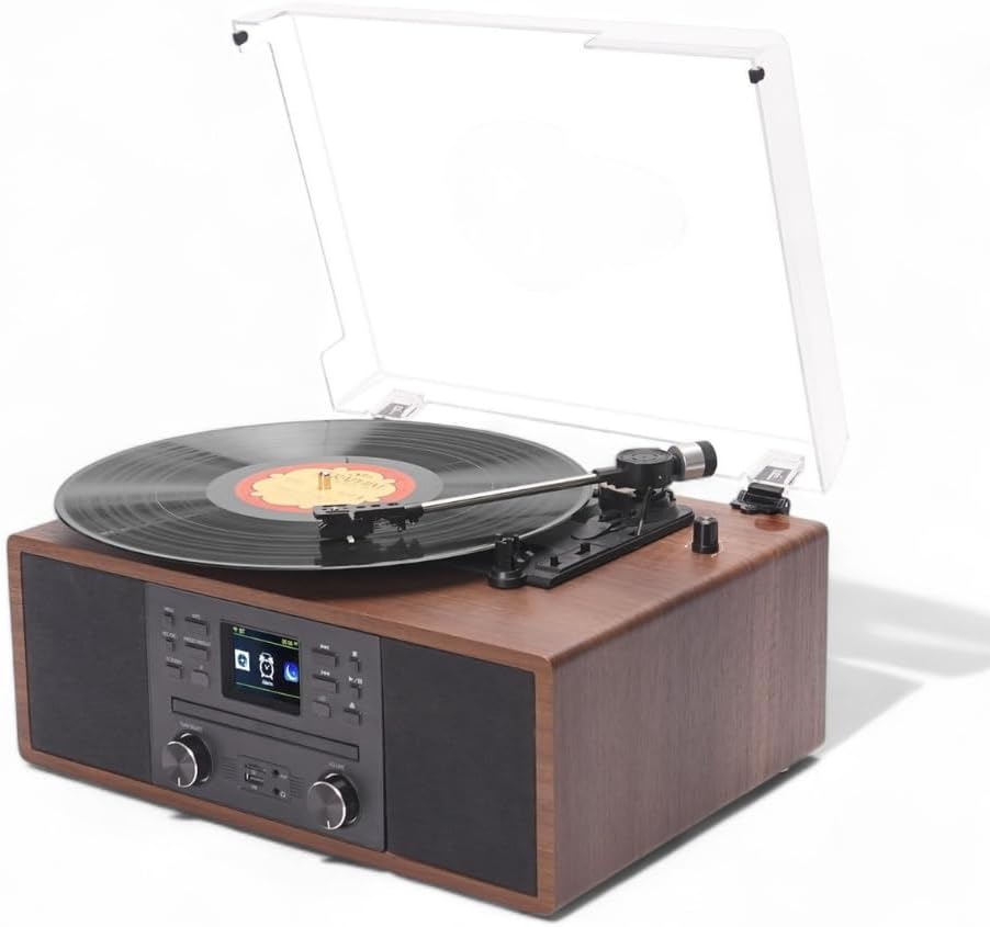 Steepletone Austin Music Centre with Vinyl Record Player, CD Player, DAB+ Radio, Internet Radio & MP3 USB/SD ENCODING Compact Music Centre, Bluetooth, AUX, Full Function Remote Control. Wood Effect