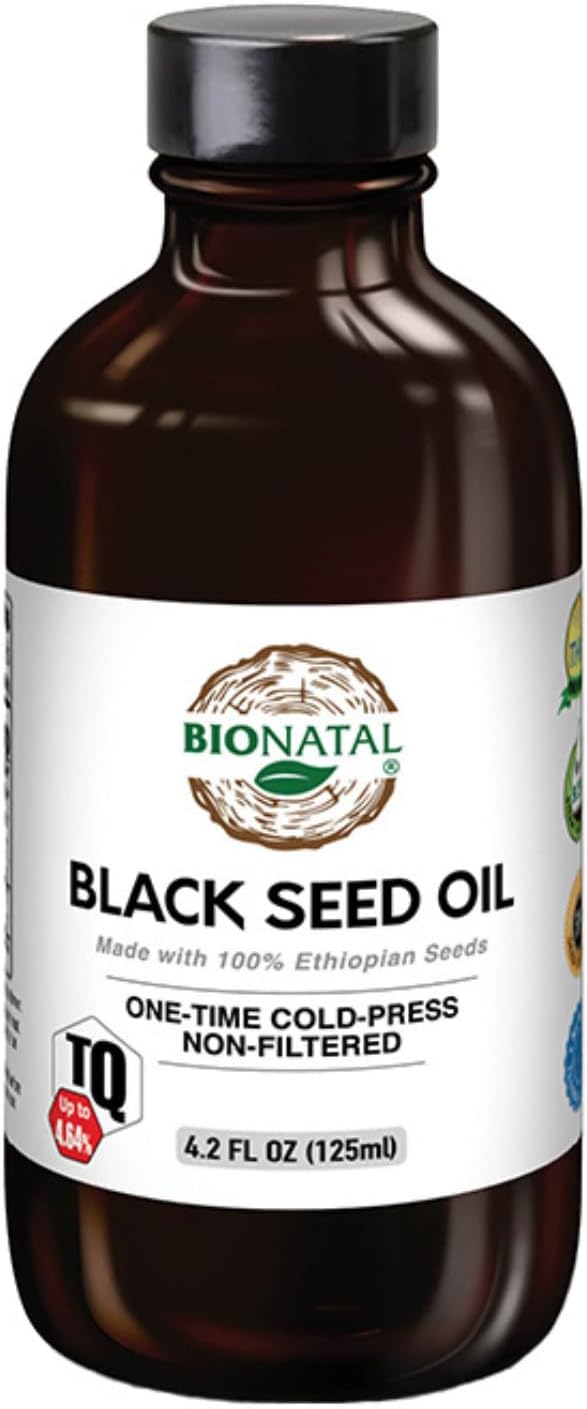 BioNatal Ethiopian Black Seed Oil 4.2oz Glass– Cold Pressed Nigella Sativa Producing Black Cumin Seed Oil, Unrefined & Non-Filtered, High TQ Up to 4.64% – Supports Immune System, Digestion & Joints