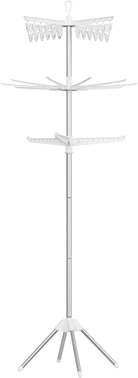 SONGMICS Clothes Airer, Clothes Drying Rack with 11 Rotatable Arms for Hangers, 4-Leg Indoor Folding Laundry Rack, Stainless Steel, for Clothes and Socks, 210 cm High, White and Silver LLR513W01