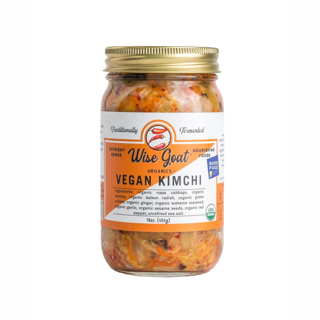 Certified Organic, Raw, Vegan Kimchi - High in Probiotics - Vegan/Paleo/Keto Friendly 16oz Glass Jar - Wise Goat Organics