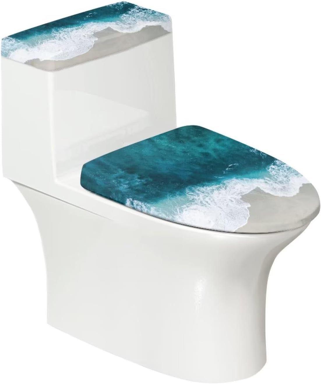 Toilet Lid Cover and Tank Lid Cover, Stretchable Round for Bathroom Toilet Decoration Washable, Sea Wave