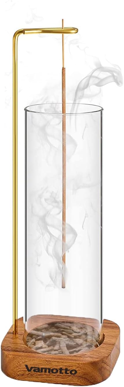Vamotto Incense Holder for Sticks with Removable Glass Ash Catcher, Upgrade Wooden Mess-Free Incense Stick Burner Holder for Yoga Spa Madiation and Home Relaxation (Round)
