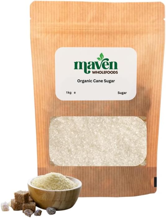 Maven Wholefoods Organic Cane Sugar 1kg, Unrefined Natural Sugar, GMO Free, No Additives or Preservatives, Vegan & Vegetarian, Certified Organic Raw Cane Sugar for Baking & Sweetening