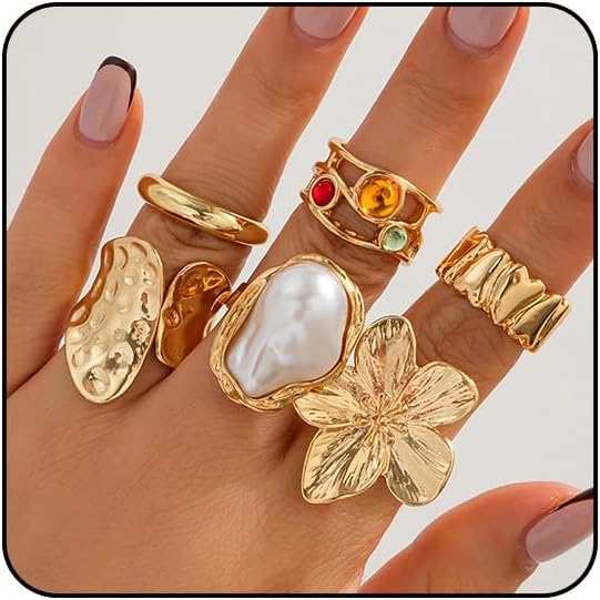 Sora Tuki Chunky Gold Rings for Women Non Tarnish Statement Silver Rings Set Pearl Flower Rings for Women Stackable Knuckle Ring Chunky Jewelry