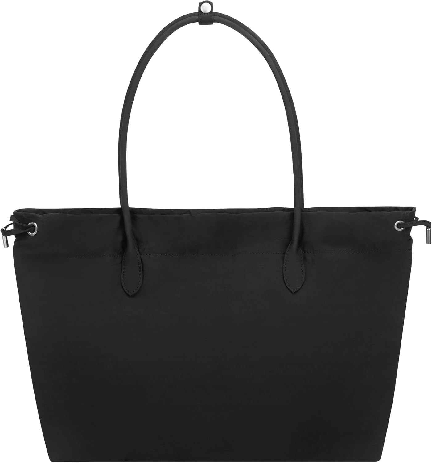 Large Capacity Waterproof Tote Bag, Black Nylon, Multiple Pockets, 16 x 15 inches, Drawstring Closure