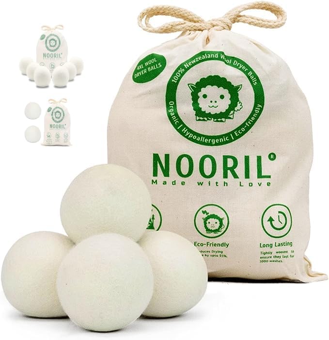 Nooril Tumble Dryer Balls Pack of 4 - Handmade Reusable Organic Wool Laundry Balls for Fabric Softening, Reduce Drying Time, Noise, Static-Cling & Wrinkles with No Bad Odor…
