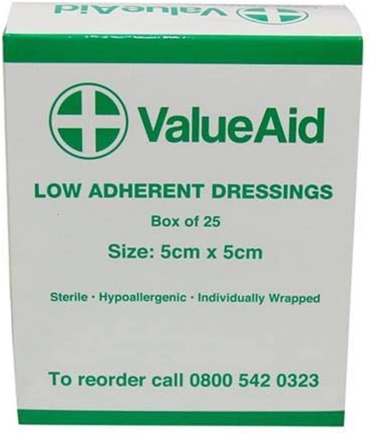Value Aid Low Adherent Dressing Pads - 5cm x 5cm Hypoallergenic Sterile Wound Care, Non-Stick Surface for Gentle Removal - Individually Wrapped Medical Dressings for Cuts & Grazes (25 Pack)