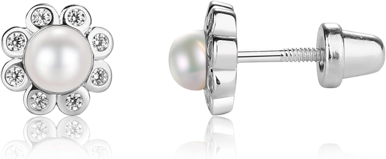 Cherished Moments Girl's Sterling Silver White or Pink Cultured Pearl Button Earring with CZs (Screw Back)