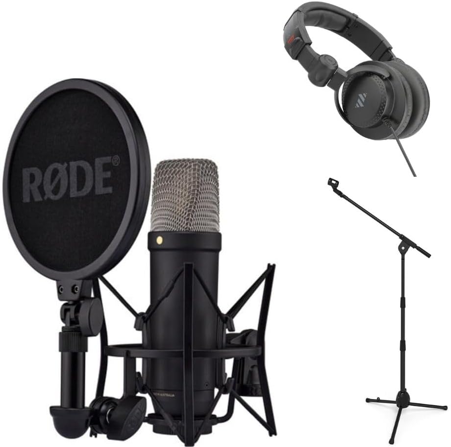 Rode NT1(Black) 5th Generation Hybrid Studio Condenser Microphone Bundle with Kellards PST2 Adjustable Height Microphone Stand with Boom, Polsen HPC-A30 Closed-Back Studio Monitor Headphones