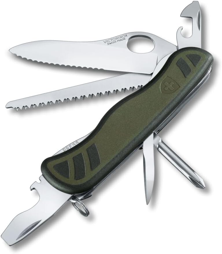 Victorinox Swiss Pocket Knife Trailfinder, Army Knife, 10 Functions, Multi Tool with Single-Hand Blade, Tin Opener, Screwdriver, Green/Black
