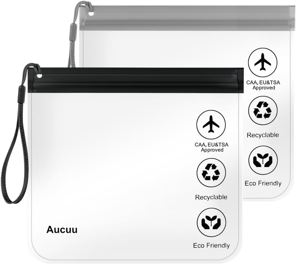 Aucuu 2Pcs Clear Travel Toiletry Bag, Airport Security Liquid Bag Travel Accessories, 20 x 20cm TSA Approved Makeup Bags, Holiday Essentials for Journey Holiday for Women/Men((Black&Grey with Rope)