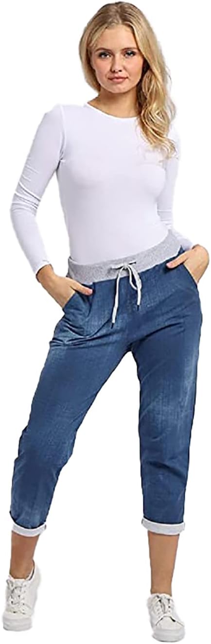 H&F ® Women’s Denim Jogger Sweatpants Ribbed Waistband Trousers Ladies Causal Summer Jogger Drawstring Italian Gym Running Pants