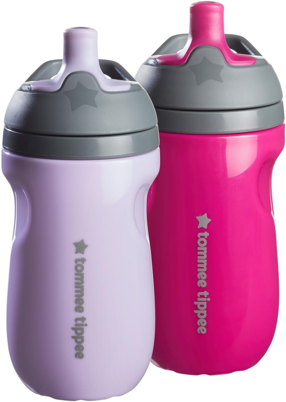 Tommee Tippee Insulated Sportee Bottle, for 12m+, 9oz, Pack of 2 Non-Spill Toddler Water Bottles, Lilac and Plum, with Two-Piece Valve to Help Stop Spills, Bite-Resistant Spout and Easy-Hold Handle