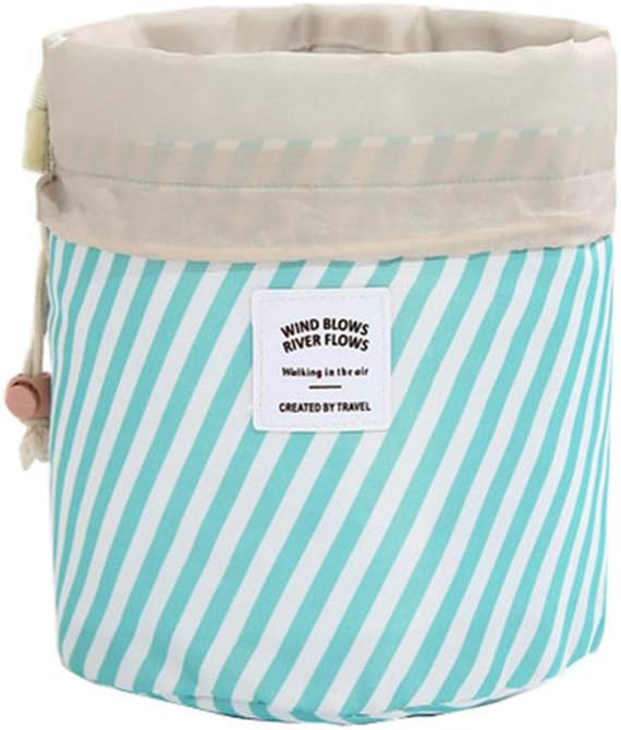 Makeup Bags for Women, Waterproof Round Travel Drawstring Make Up Organizer Cosmetic Bag (A Blue Stripe)