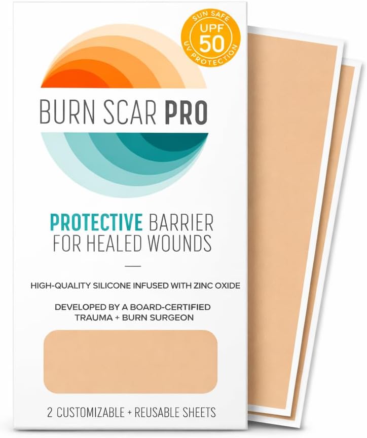 Burn Scar Pro™ Silicone Scar Sheets with Sunscreen – Fade Burn Scars, Keloids, and Scars from Surgery – Reusable Patches for Skin Burns, Facial Scars, and Healed Wounds – 6” x 3.5” (2 Sheets)