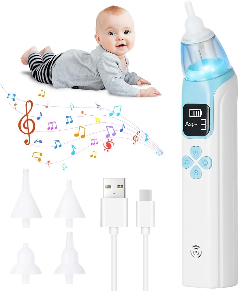 URAQT Nasal Aspirator Baby, Electric Baby Nose Sucker with 4 Silicone Tips Nose, Rechargeable Automatic Baby Nose Cleaner for 3 Suction Levels, Toddlers Anti-Backflow Sucker with Music and Light, Blue