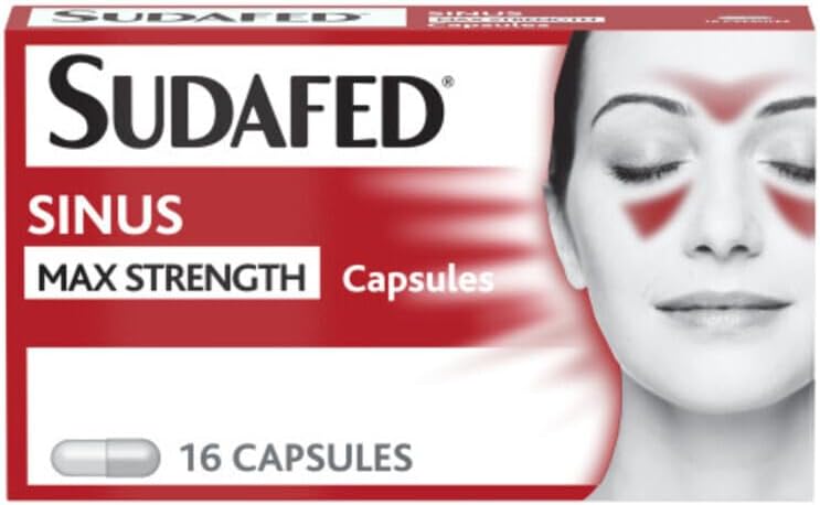 Sudafed Sinus Max Strength Capsules, Relieves Sinus Pressure and Pain, Relieves symptoms of Blocked Nose, Headache, Fever, Aches and Pain, pack of 16
