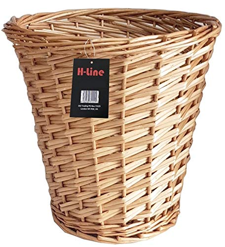 H-LINE Wicker Willow Round Basket Storage Waste Paper Rubbish Bin Country Style Bathroom Bedroom Office (Light Brown)