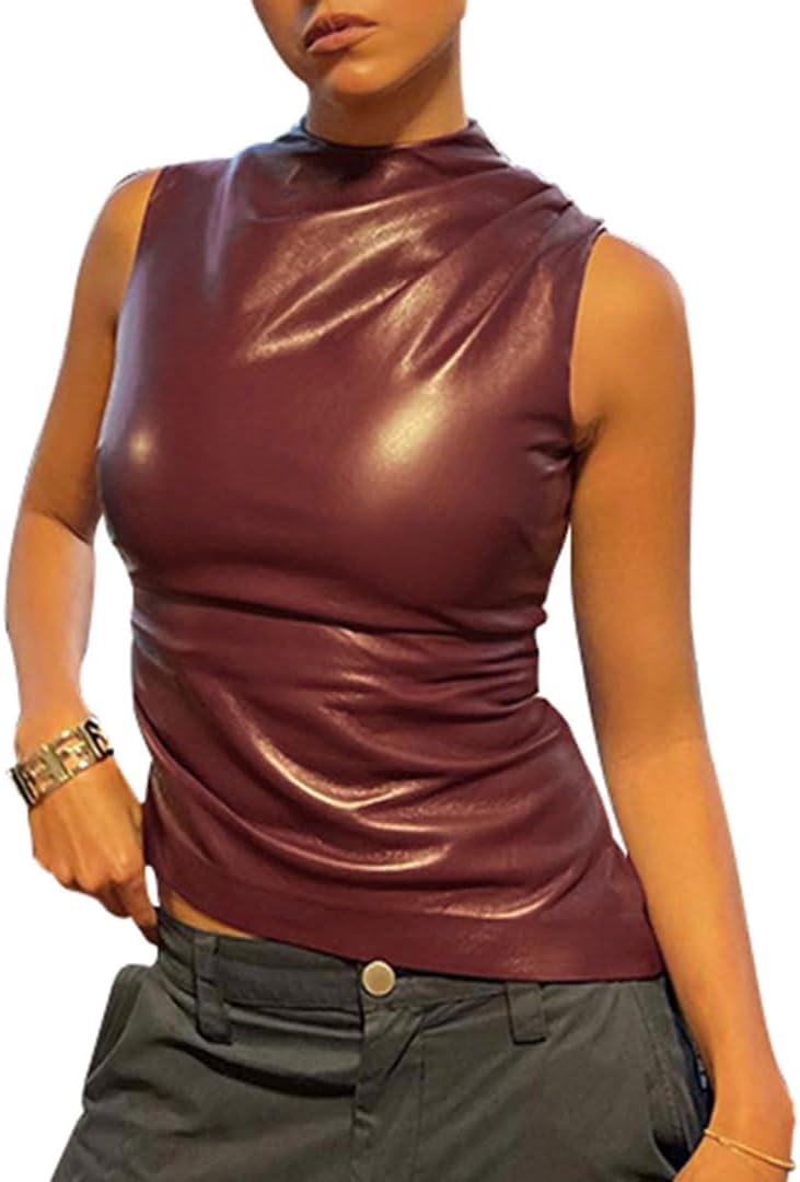Women's Soft Leather Tank Crop Top Vest Sleeveless Asymmetrical Ruched Sexy Mock Neck Pleated T-Shirt