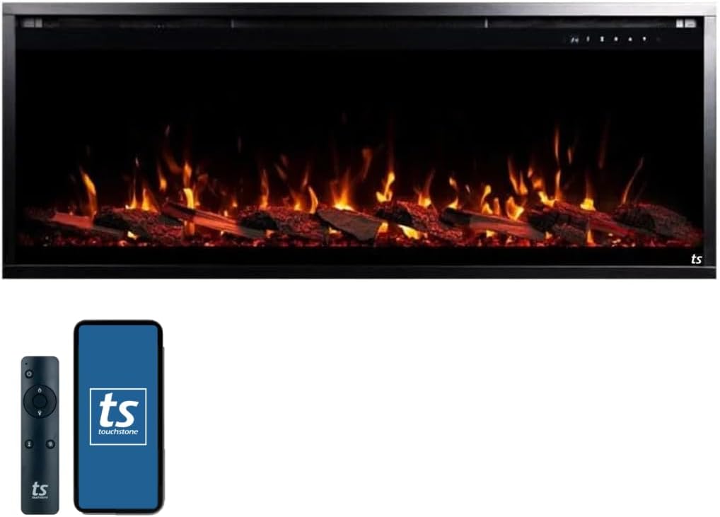Touchstone Sideline Elite Pro 50" Smart Electric Fireplace- Wall-Mount/Recessed Installation- 6 Realistic Flame Colors- 13-Color Down Lighting- Crackle Sound- 1,500W Heater