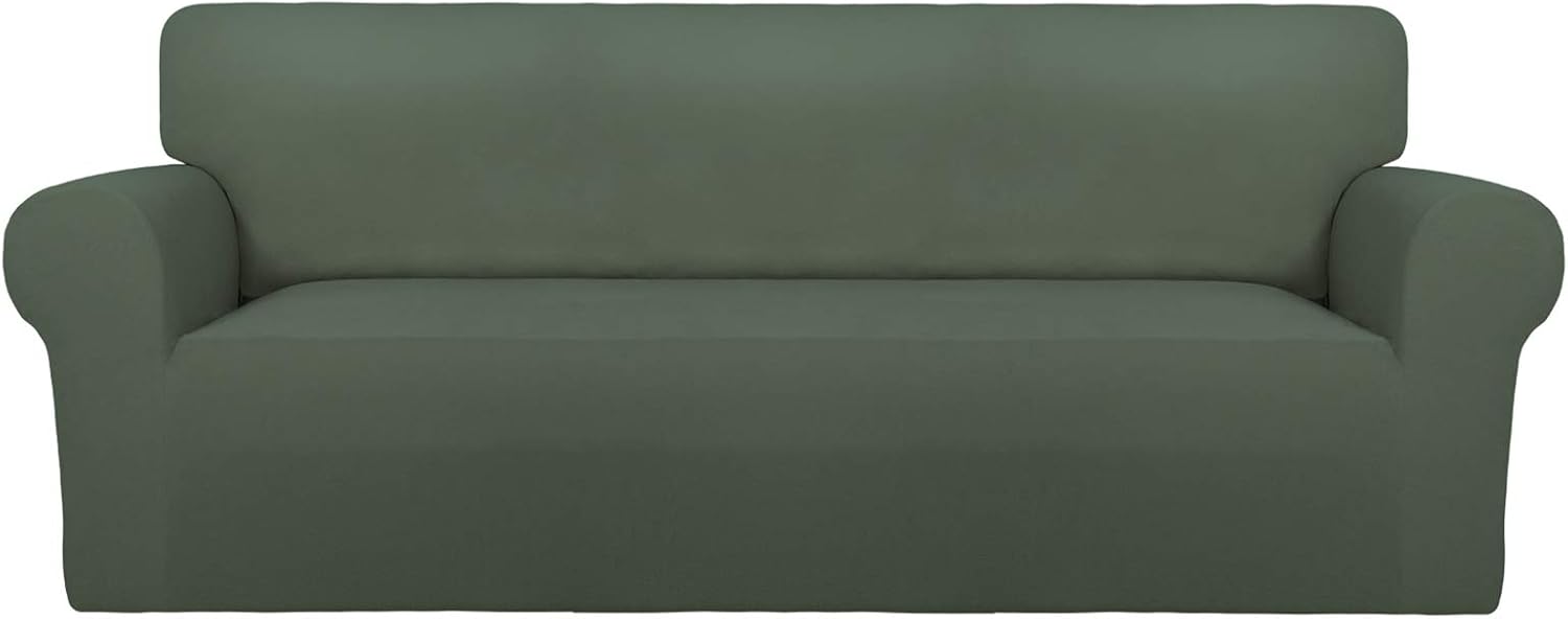 PureFit Super Stretch Sofa Slipcover – Spandex Non Slip Soft Couch Sofa Cover, Washable Furniture Protector with Non Skid Foam and Elastic Bottom for Kids, Pets （Sofa, Grayish Green）