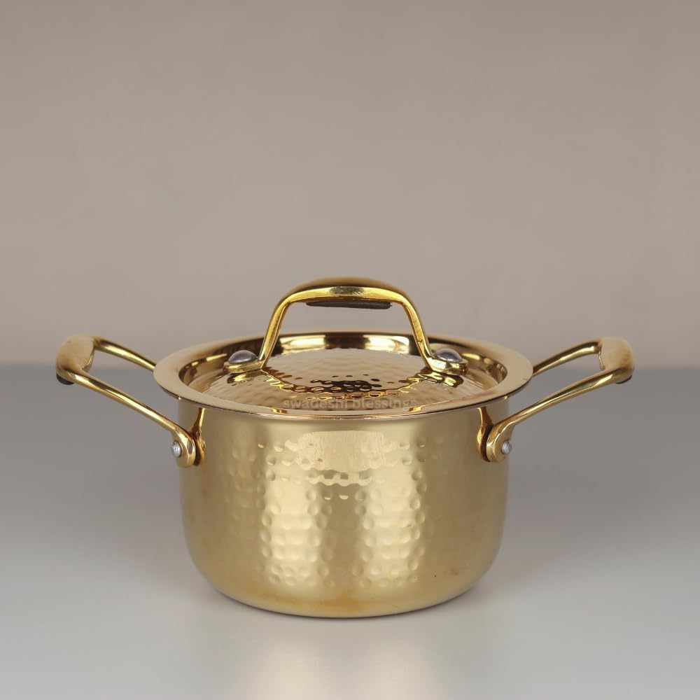 Swadeshi Blessings Exclusive Range Brass Pot/Stock Pot for Cooking with Lid/Teflon-Free/Naturally Non-Stick Brass Utensils with Tin Coating (2 Litres)