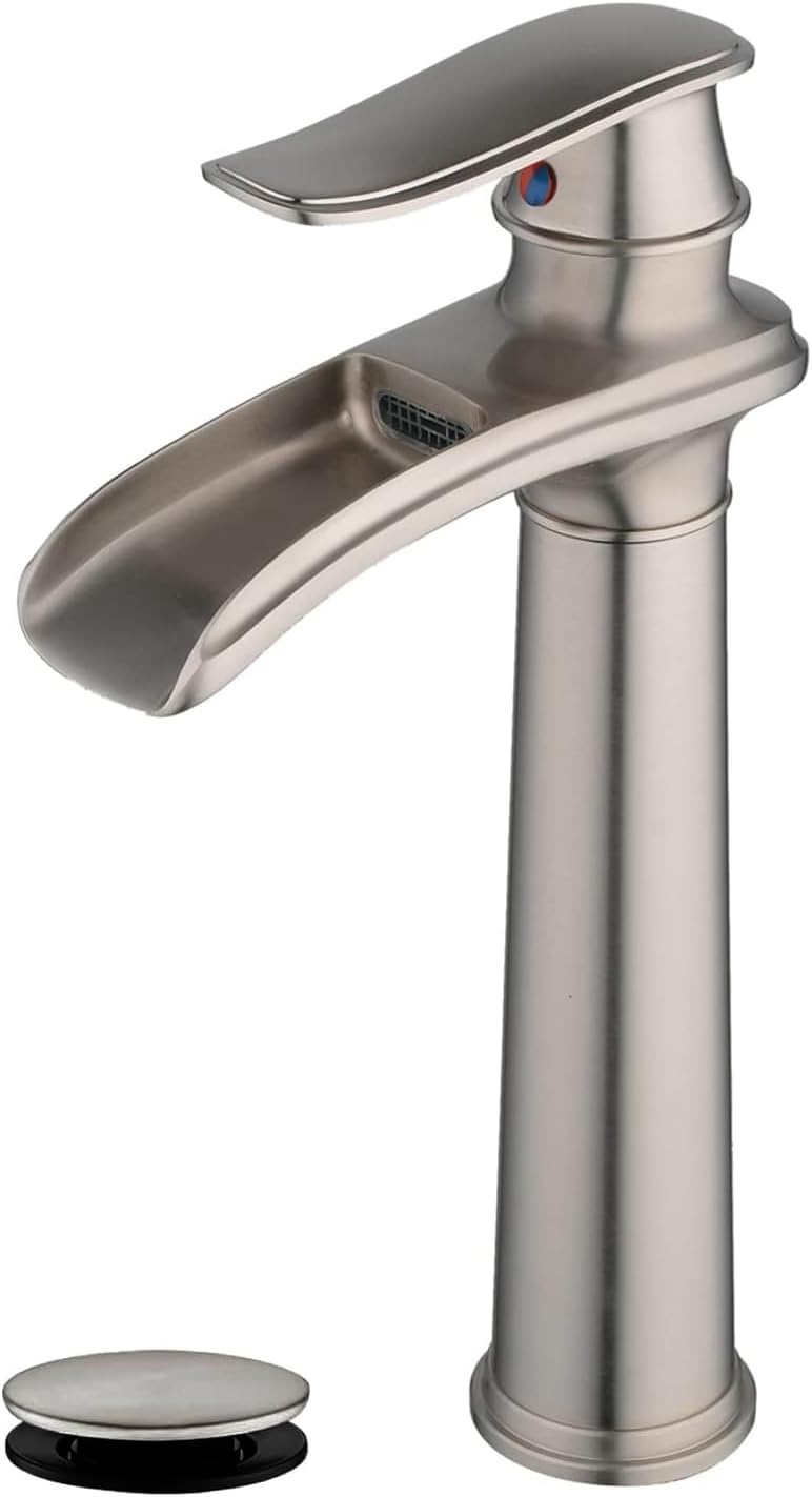 Waterfall Spout Commercial Bathroom Vessel Sink Faucet Single Handle One Hole Deck Mount Brushed Nickel Lavatory Mixer Tap