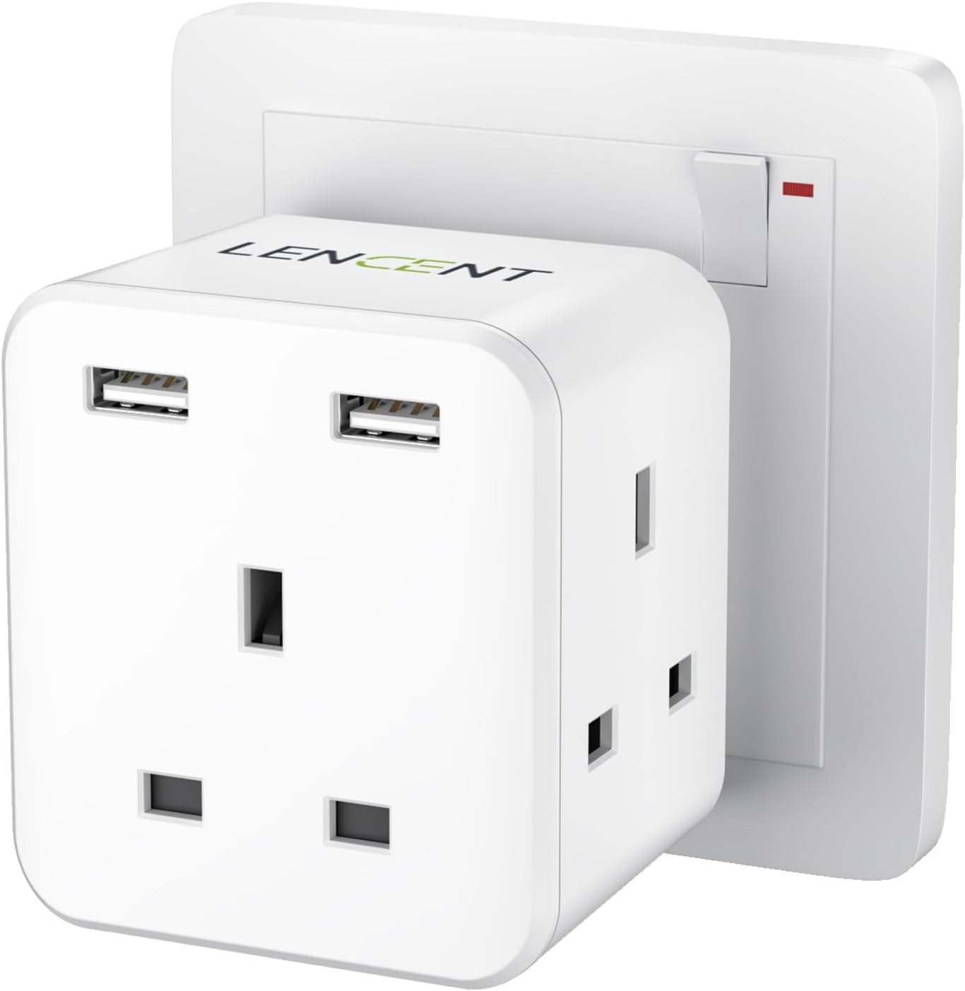 LENCENT Multi Plug Extension with 2 USB, 3 Way 3 Plugs Socket adapter, 5-in-1 Cube Electrical Extender Socket Adaptor, USB Wall Charger, 3 Pin Plug Expander for Home, Office, Kitchen, 13A 3250W